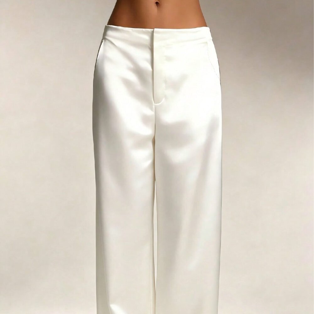 White Elegant Women's Satin Silk Pants with Pockets and Zipper - Picture 4 of 4